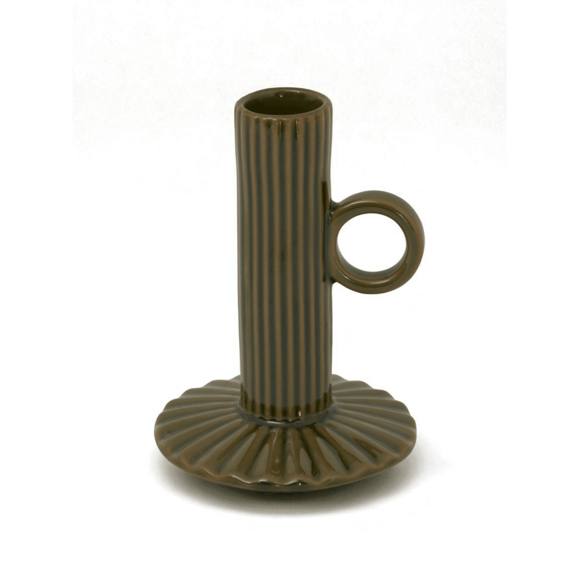 Alora olive ceramic taper candle holder with handle, Mediterranean-style for warm and atmospheric tablescapes.