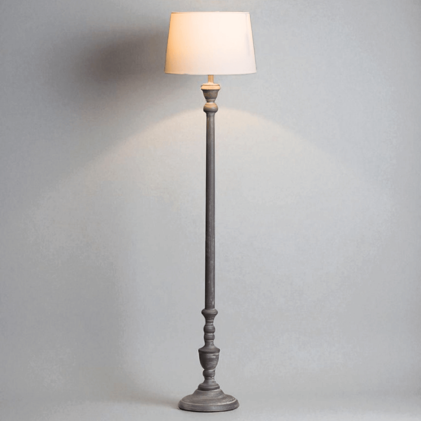 Ithaca Floor Lamp featuring a linen shade, rustic wood base, elegant design, perfect for cottage-style decor.
