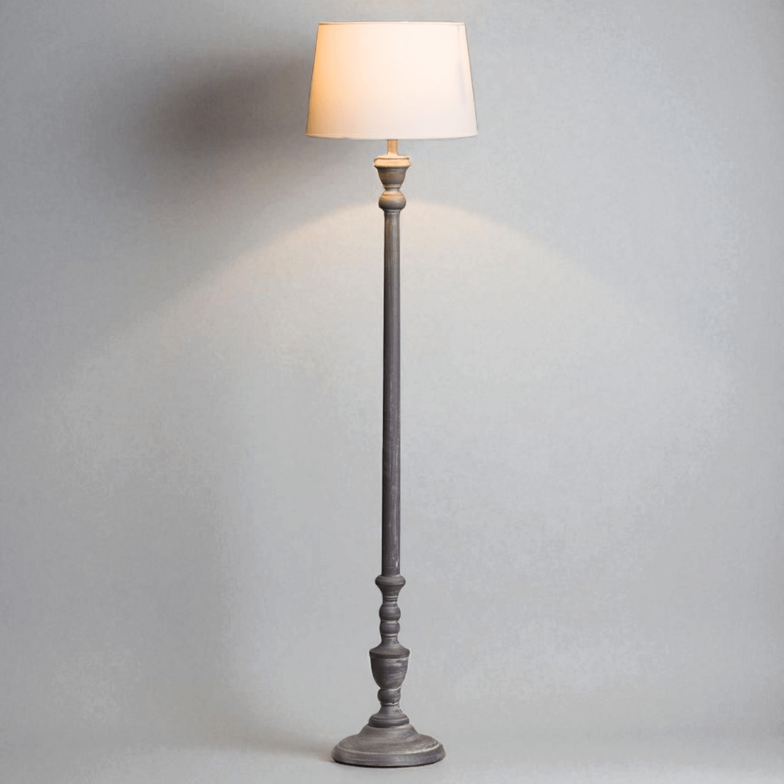 Ithaca Floor Lamp featuring a linen shade, rustic wood base, elegant design, perfect for cottage-style decor.