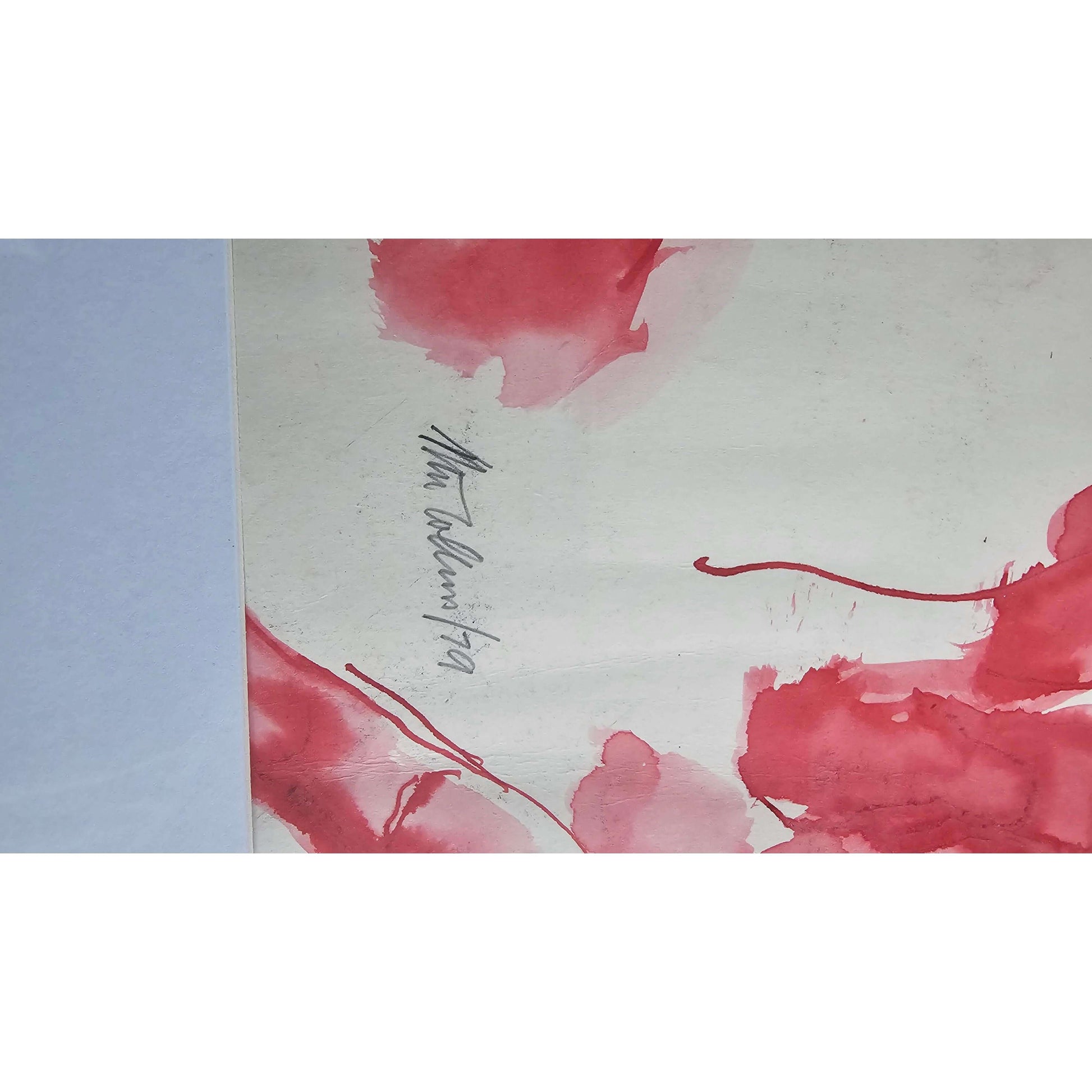 Signature of the artist on the original ink-and-watercolor piece 'Crimson Poses' with red watercolor splashes.