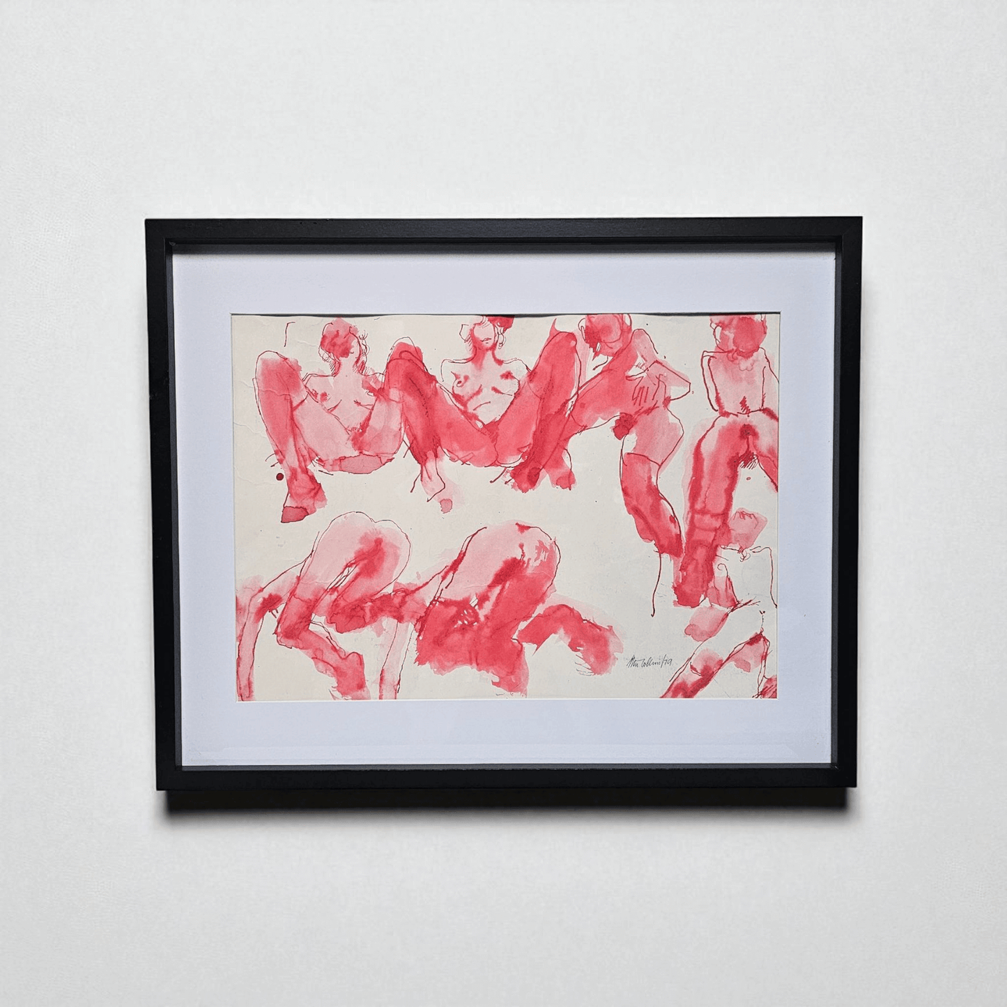 Framed ink-and-watercolor artwork titled 'Crimson Poses' featuring expressive figures in vibrant red hues.