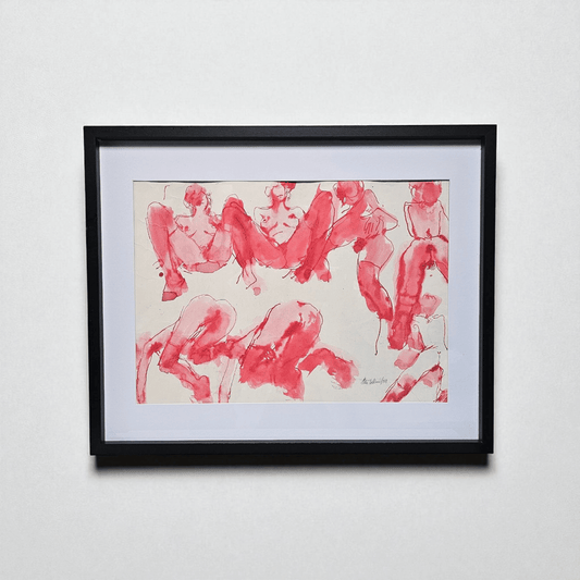 Framed ink-and-watercolor artwork titled 'Crimson Poses' featuring expressive figures in vibrant red hues.