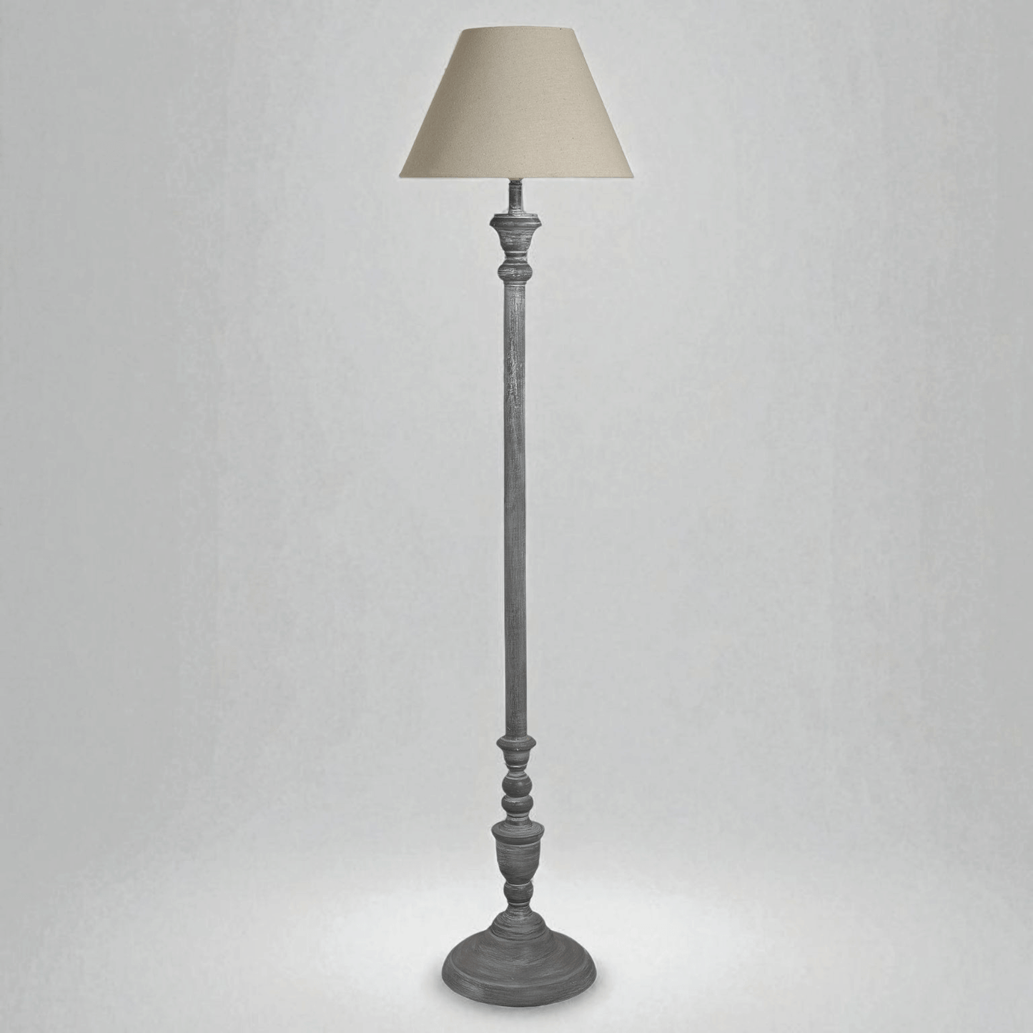 Ithaca floor lamp with a linen shade, featuring a rustic wood base, ideal for cottage-style home decor.