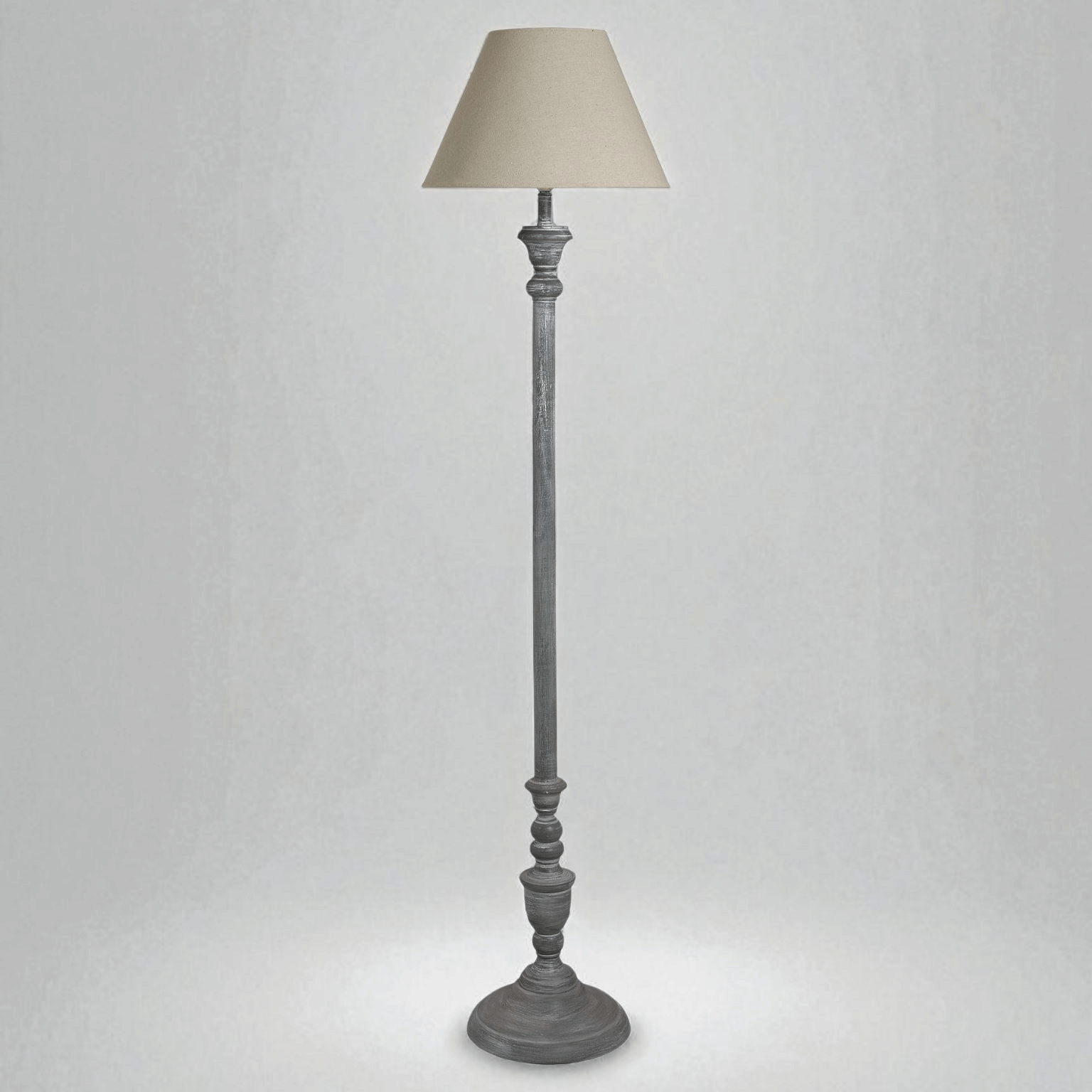 Ithaca floor lamp with a linen shade, featuring a rustic wood base, ideal for cottage-style home decor.