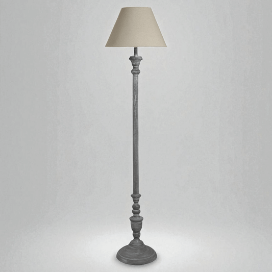 Ithaca floor lamp with a linen shade, featuring a rustic wood base, ideal for cottage-style home decor.