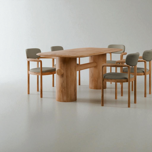 Wooden dining table with six matching chairs on a plain background